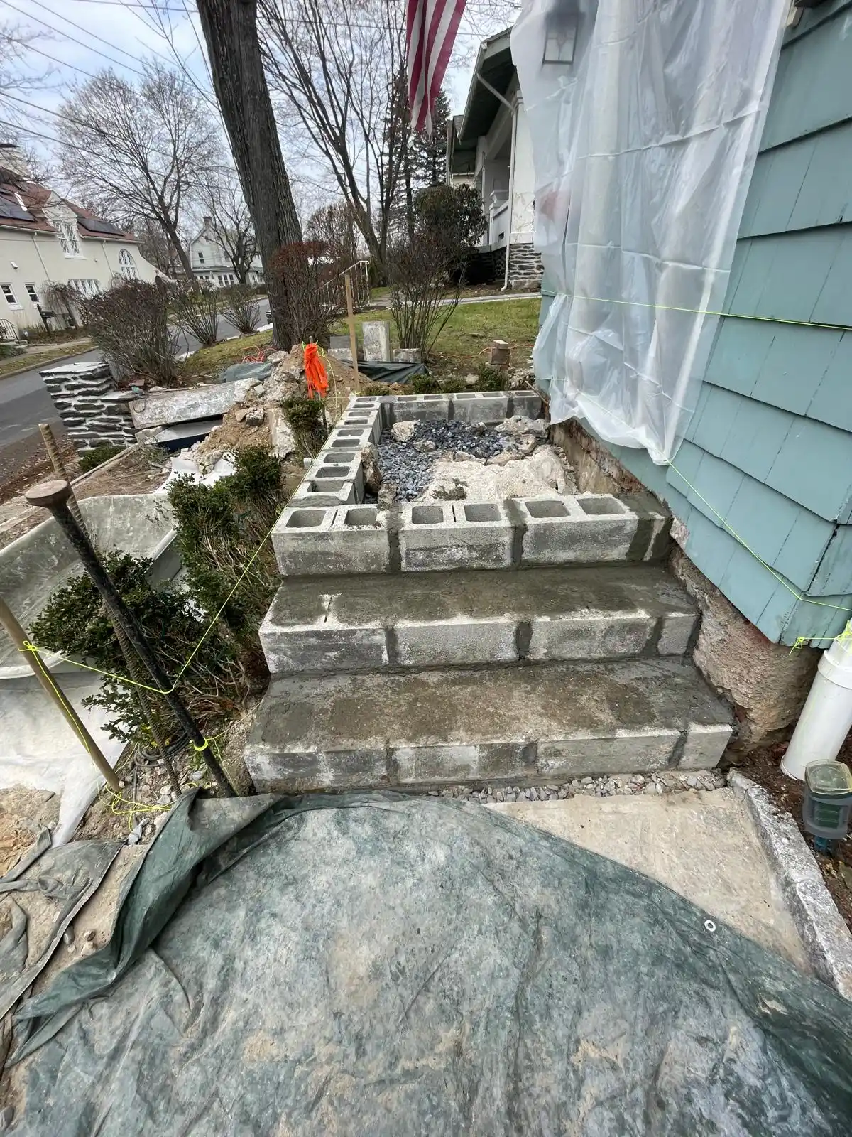 Masonry and hardscape work in front of a New York home